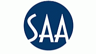 SAA logo with white letters on a blue circular background.