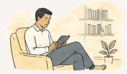 Man sitting on beige armchair, using smartphone, with bookshelf and potted plant in background.