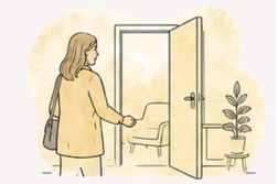 A woman with a handbag opening a door to a room with a chair and a potted plant.