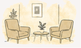 Illustration of a cozy living room with two beige armchairs, a small round wooden table, a framed picture on the wall, and a potted plant.