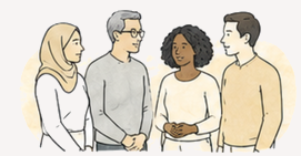 Four people having a conversation, standing close together. Two women and two men, engaged in discussion.