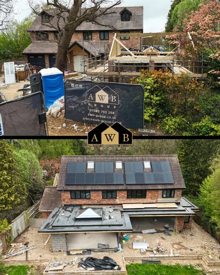 🏡 Front and back progress on one of our Harpenden projects set to be ready for the summer.  We are constructing a car port, open plan extension and extensive landscaping to finish off what is set to be a stunning home with all the mod cons including