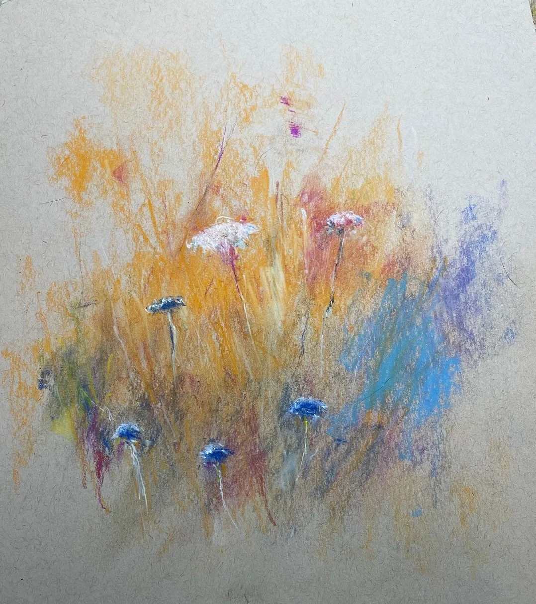 A pastel drawing of wildflowers in shades of yellow, pink, blue, and purple.