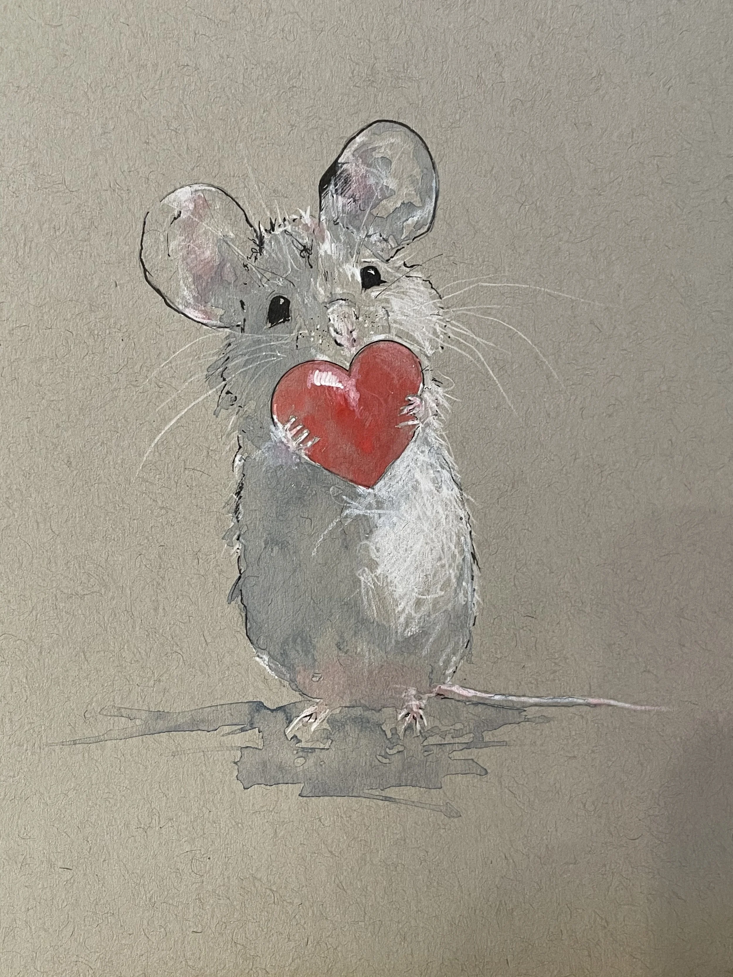 A watercolor illustration of a small gray mouse holding a red heart.