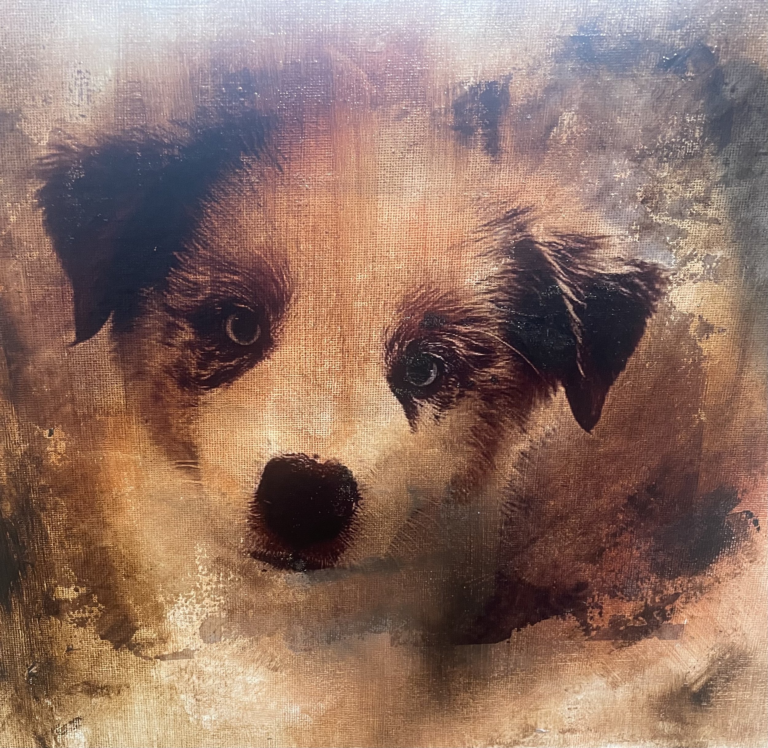 Painting of a puppy with blue eyes, fluffy fur in shades of white, brown, and black, and a dark nose, set against a warm-toned abstract background.