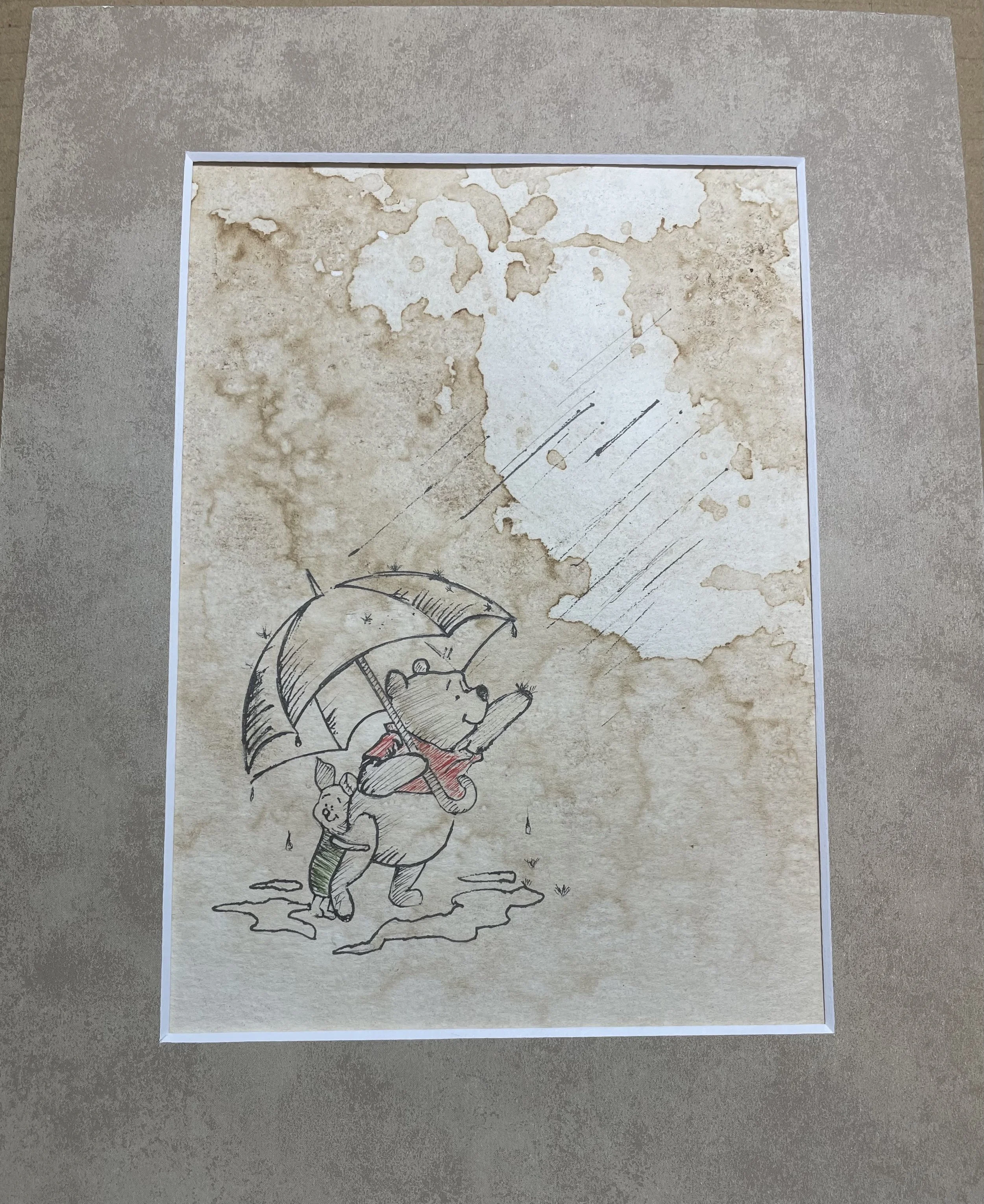 Drawing of Winnie the Pooh holding an umbrella and a small bear, in the rain on a weathered paper background.