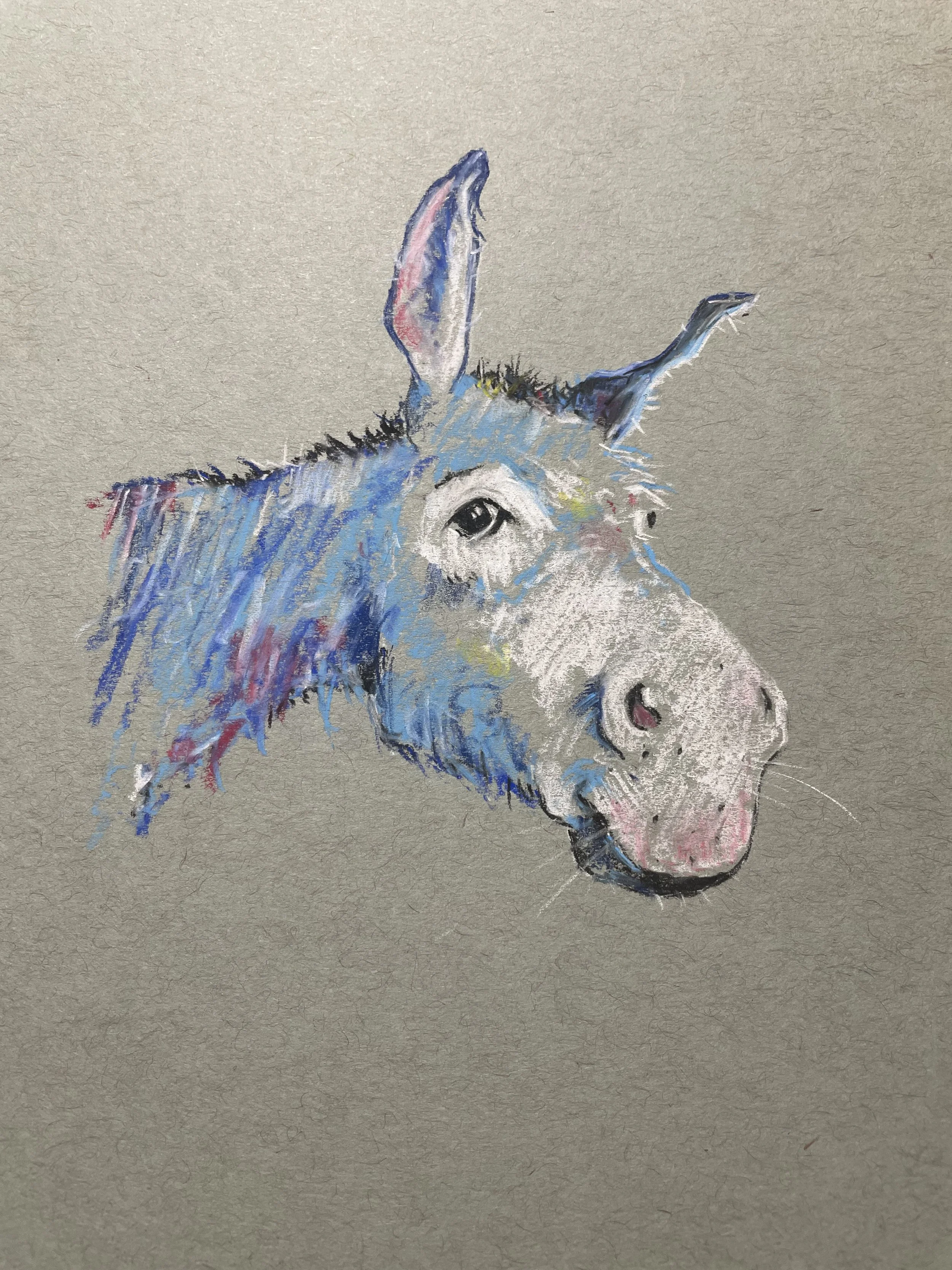 Colorful portrait of a donkey's head painted with pastel or chalk on textured paper.
