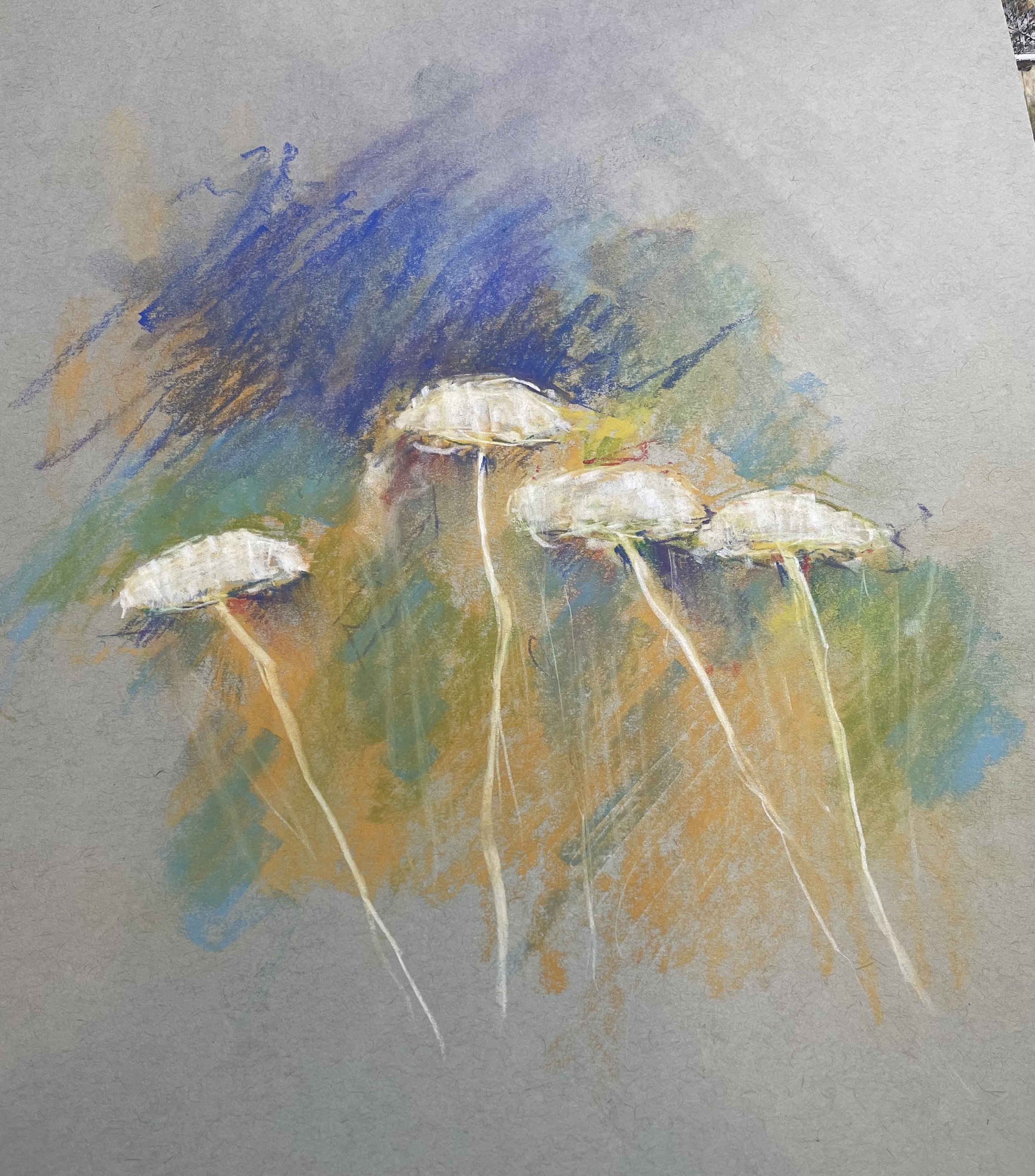 A colorful abstract painting of four dandelions with white seed heads and long, thin stems against a multicolored background with shades of blue, green, yellow, and orange.