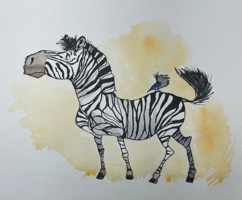 Watercolor illustration of a zebra with a small bird perched on its back against a beige background.