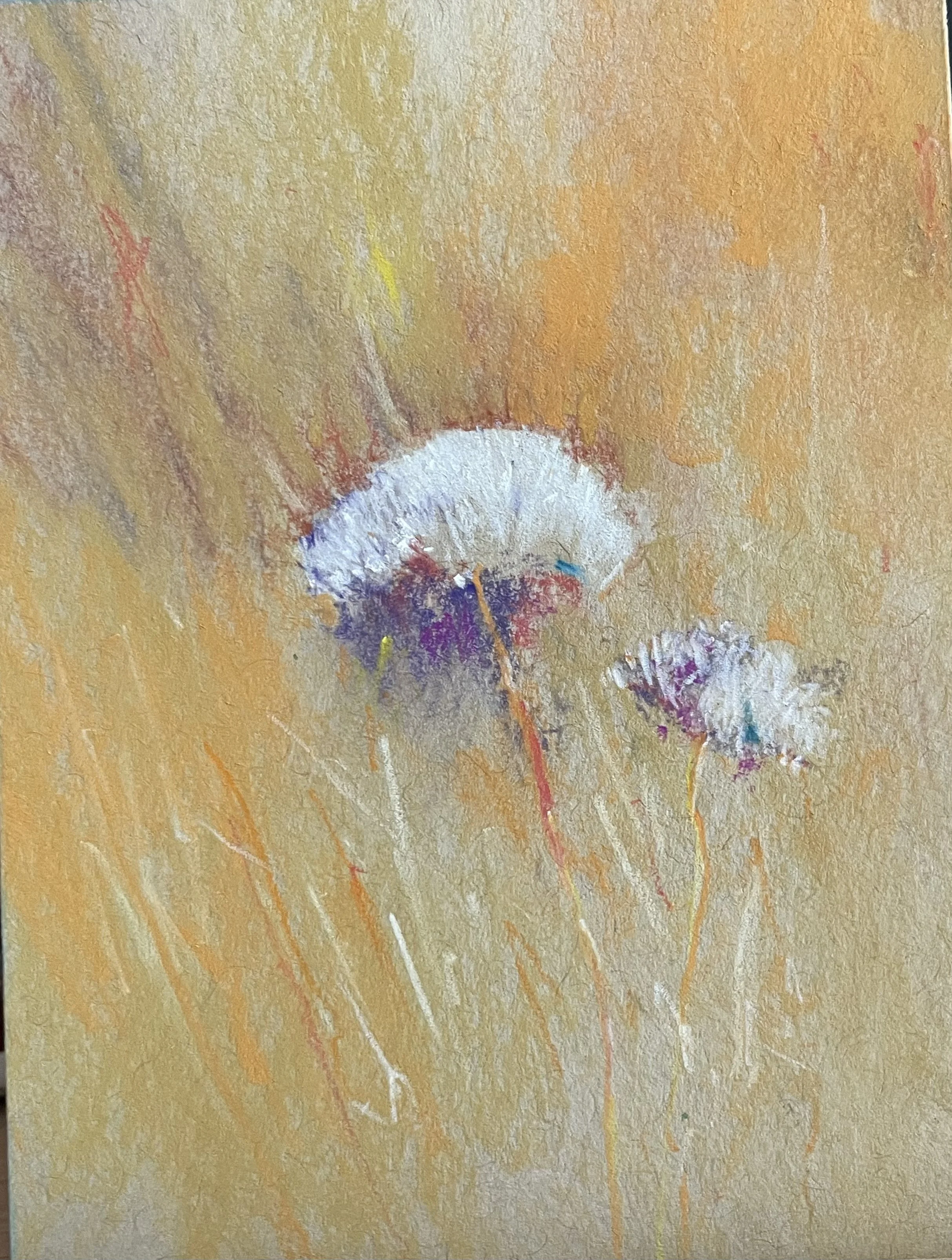 Abstract watercolor painting of three dandelions with white fluffy seed heads and purple accents on stems, set against a warm yellow-orange background.