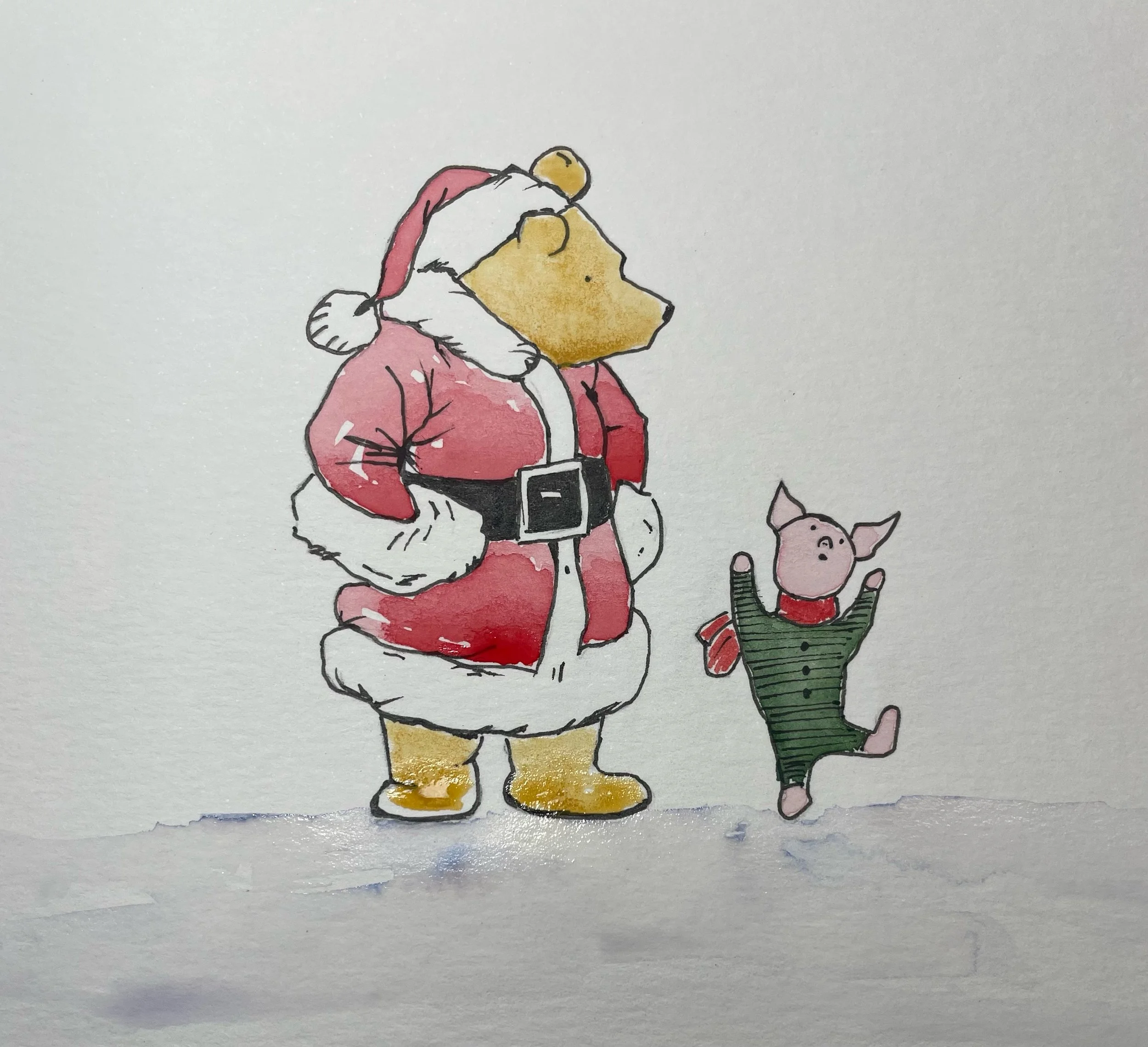 Illustration of Winnie the Pooh dressed as Santa Claus and Piglet dancing happily.