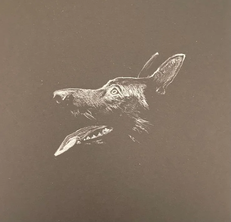 A chalk drawing of a dog's head in profile with a rifle positioned as a tongue, on a dark background.