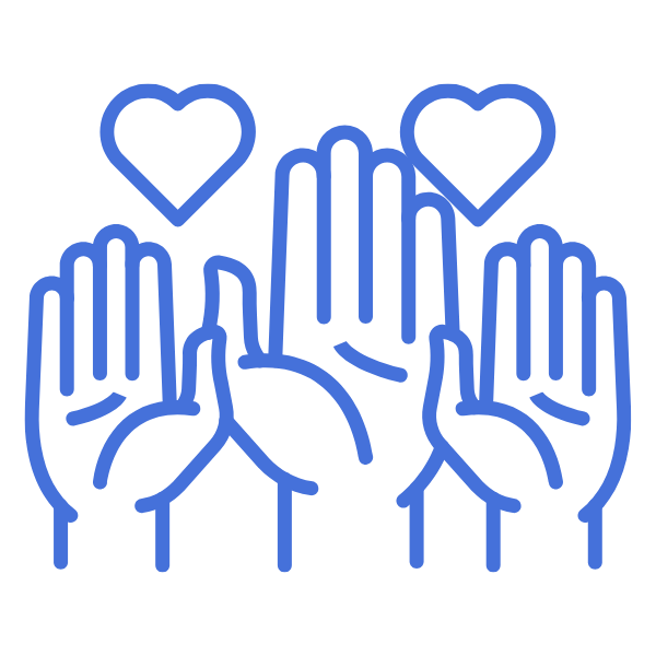 Outline drawing of three hands with open palms, two hearts above the hands.