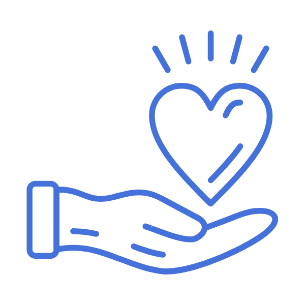 Outline drawing of a hand extended outward with a heart above it, emitting lines suggesting radiance or energy.