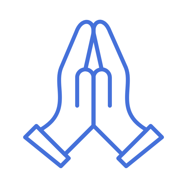 Outline drawing of two hands pressed together in prayer or a gesture of gratitude.