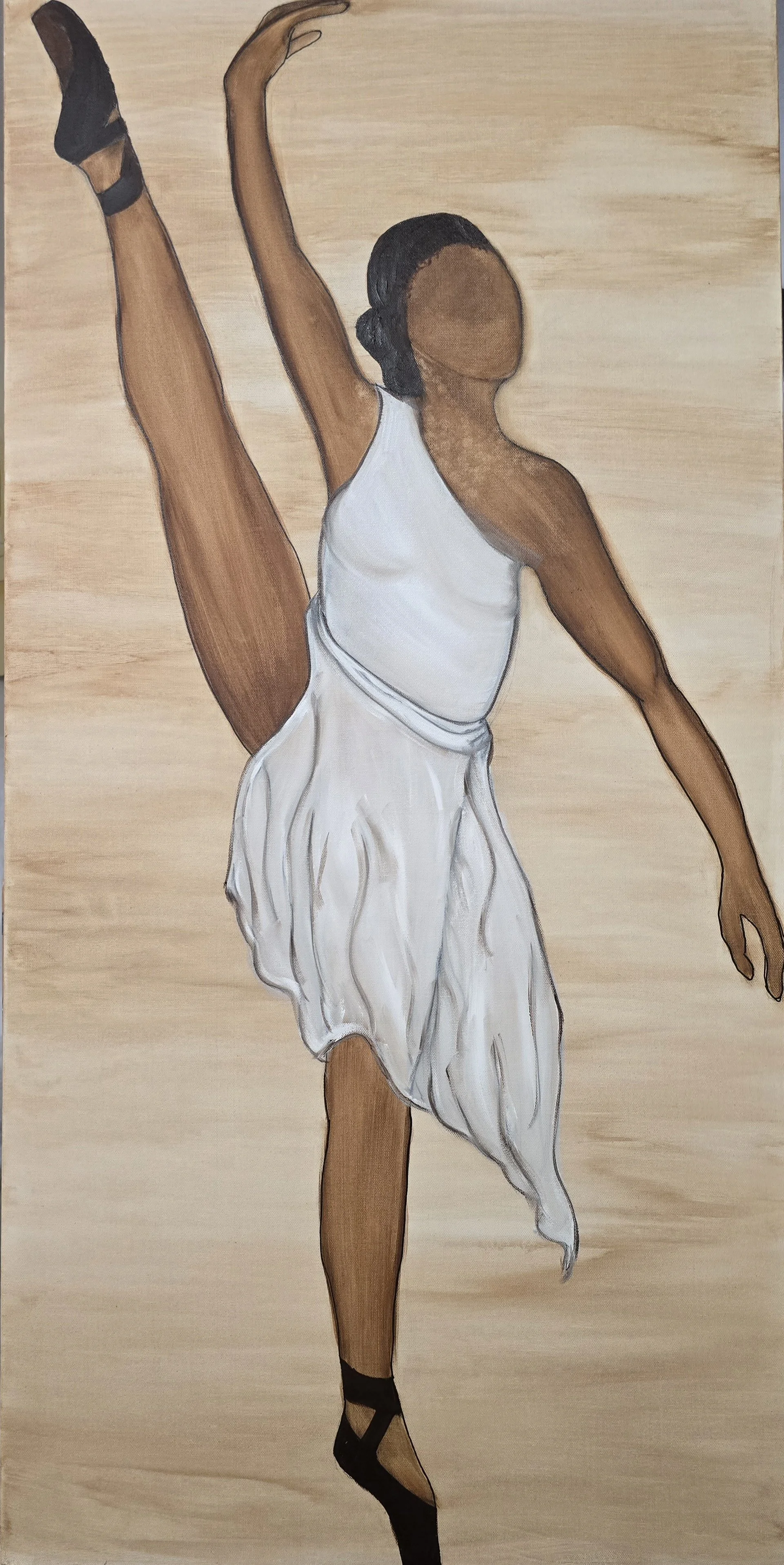 VISIONS OF ENDURANCE SERIES Title: REMEMBRANCE, in memory of M. DePrince a Black ballerina who died at the young age of 29 but built a legacy of dance while enduring Vitiligo  48x24 oil on canvas