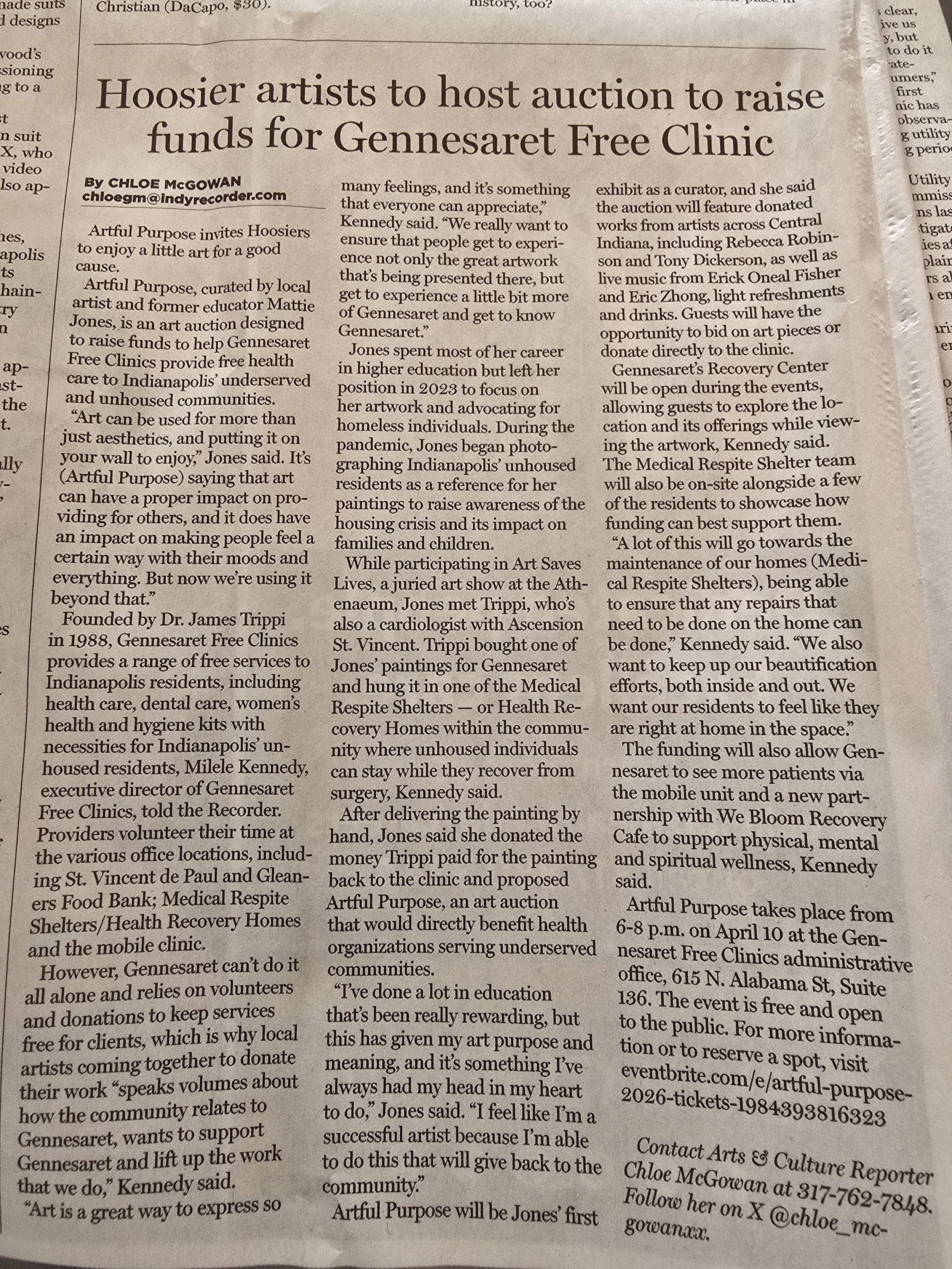 The Indianapolis Recorder News Paper Interview with Dr. Mattie Jones Curated for the Gennesarte Free Clinic  Gallery Auction Event 2026