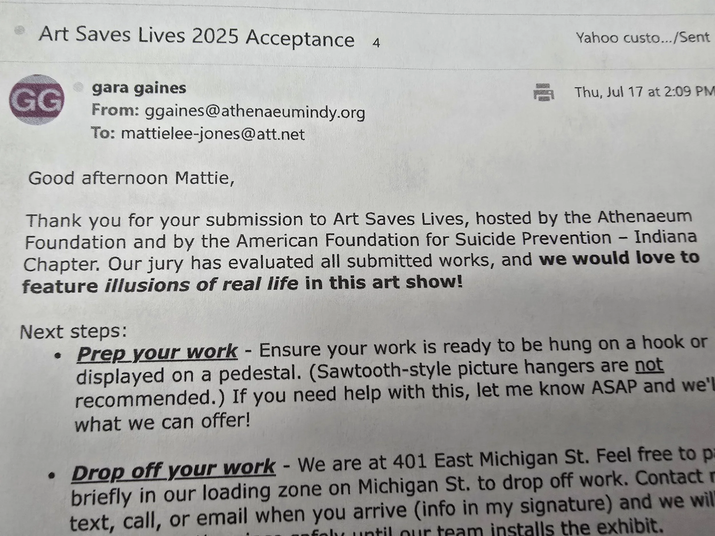 ART SAVES LIFE JURIED GALLERY ART EXHIBITION EXCEPTANCE  NOTICE