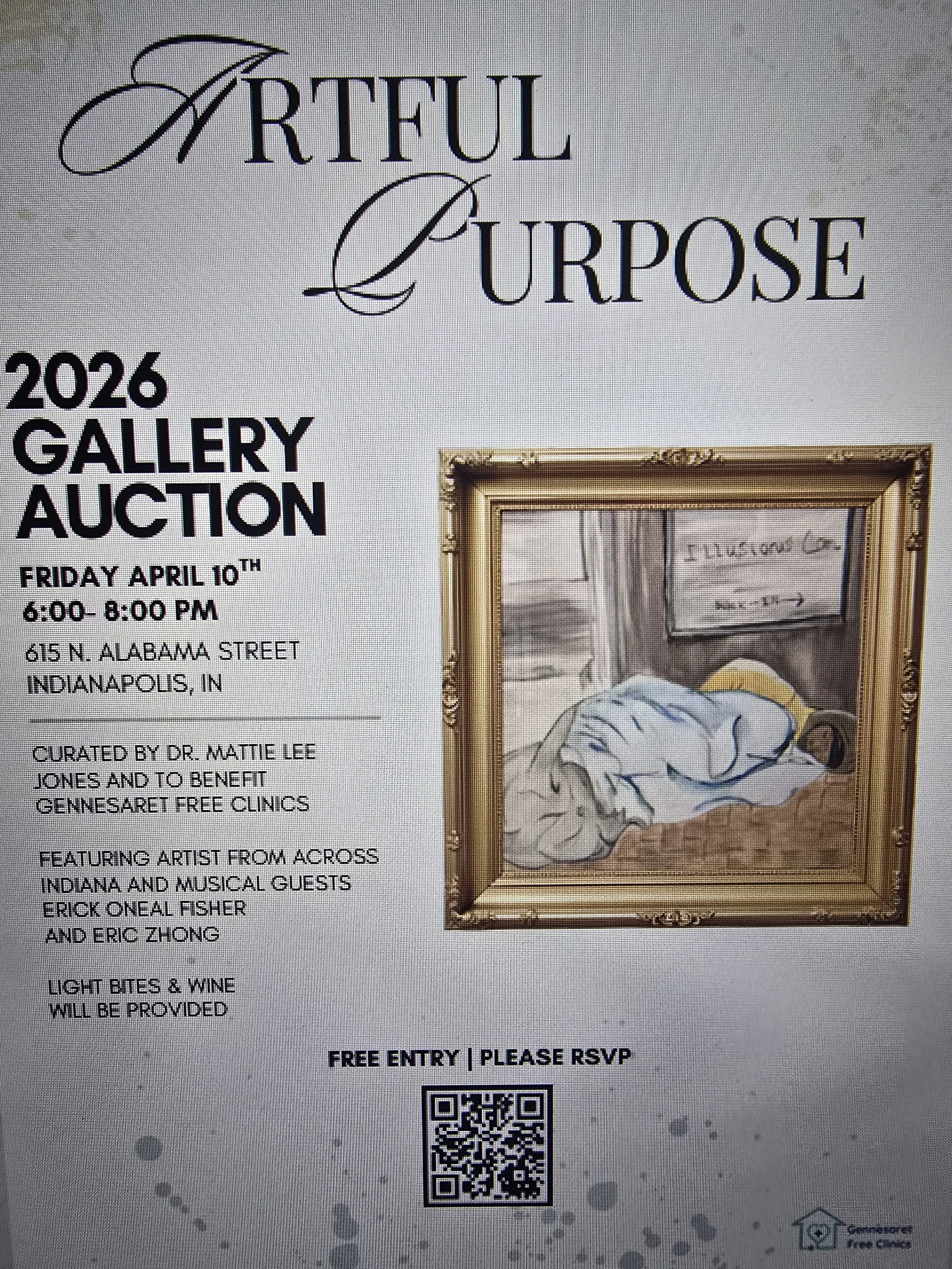 The 2026 Artful Purpose Gallery Charity Auction to benefit Gennesaret Free Clinics. founded and curated by Dr. Mattie Jones. Artist from across Indiana joined  her by donating original and prints of their artwork , all precedes went to support Gennes