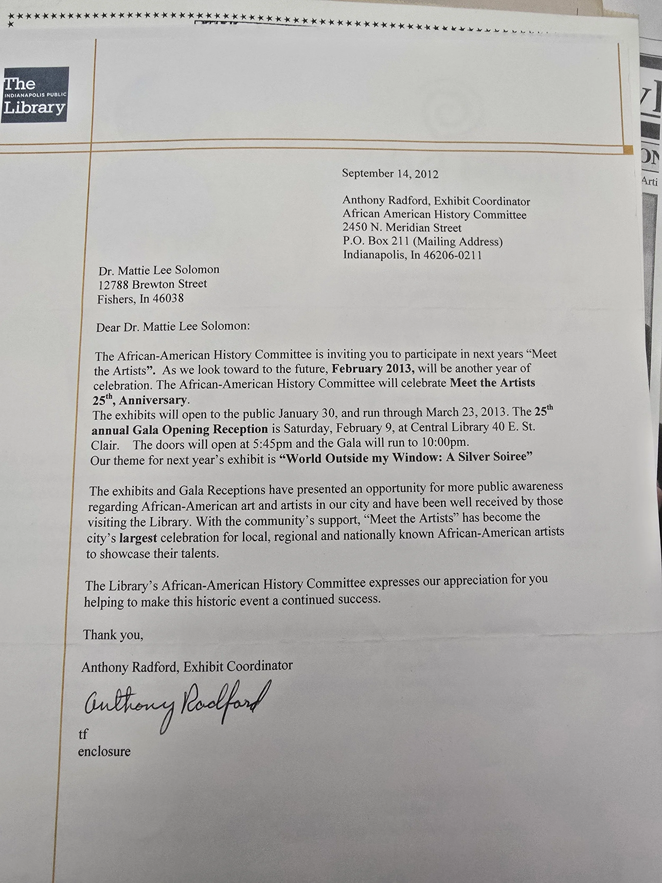 INDIANAPOLIS PUBLIC LIBRARY EXCEPTANCE NOTICE