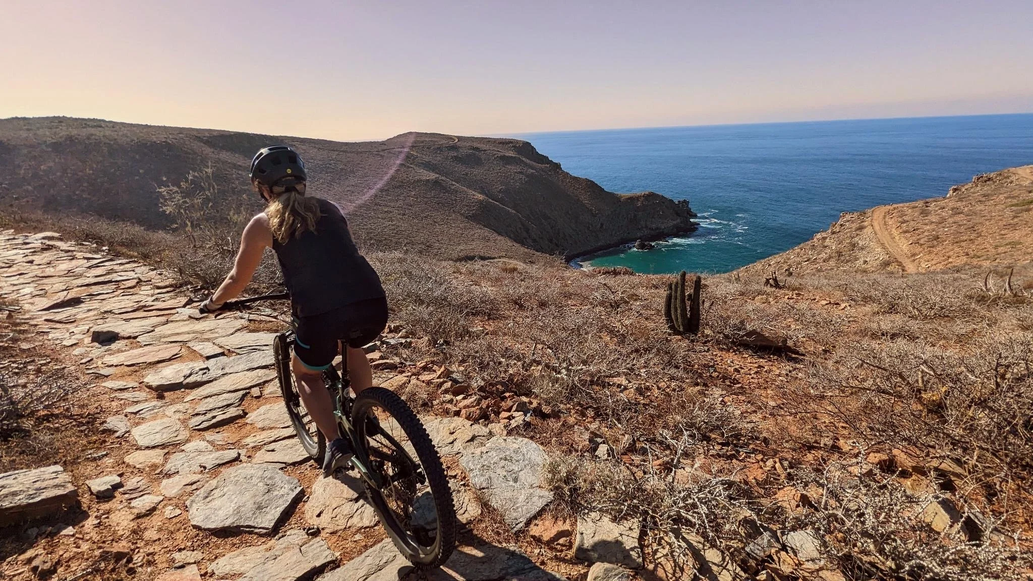 A person mountain biking along a rocky trail on a hill overlooking the ocean and coastline, with dry desert vegetation around.