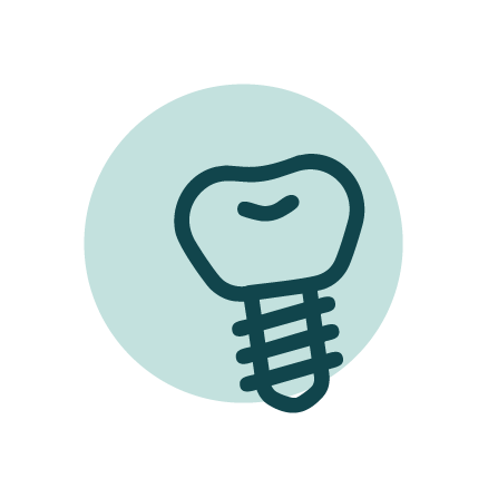 A simple line drawing of a tooth with a screw-like root inside a light blue circle.