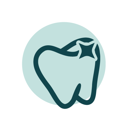 A simple illustration of a tooth with a sparkle, symbolizing dental health or cleanliness.