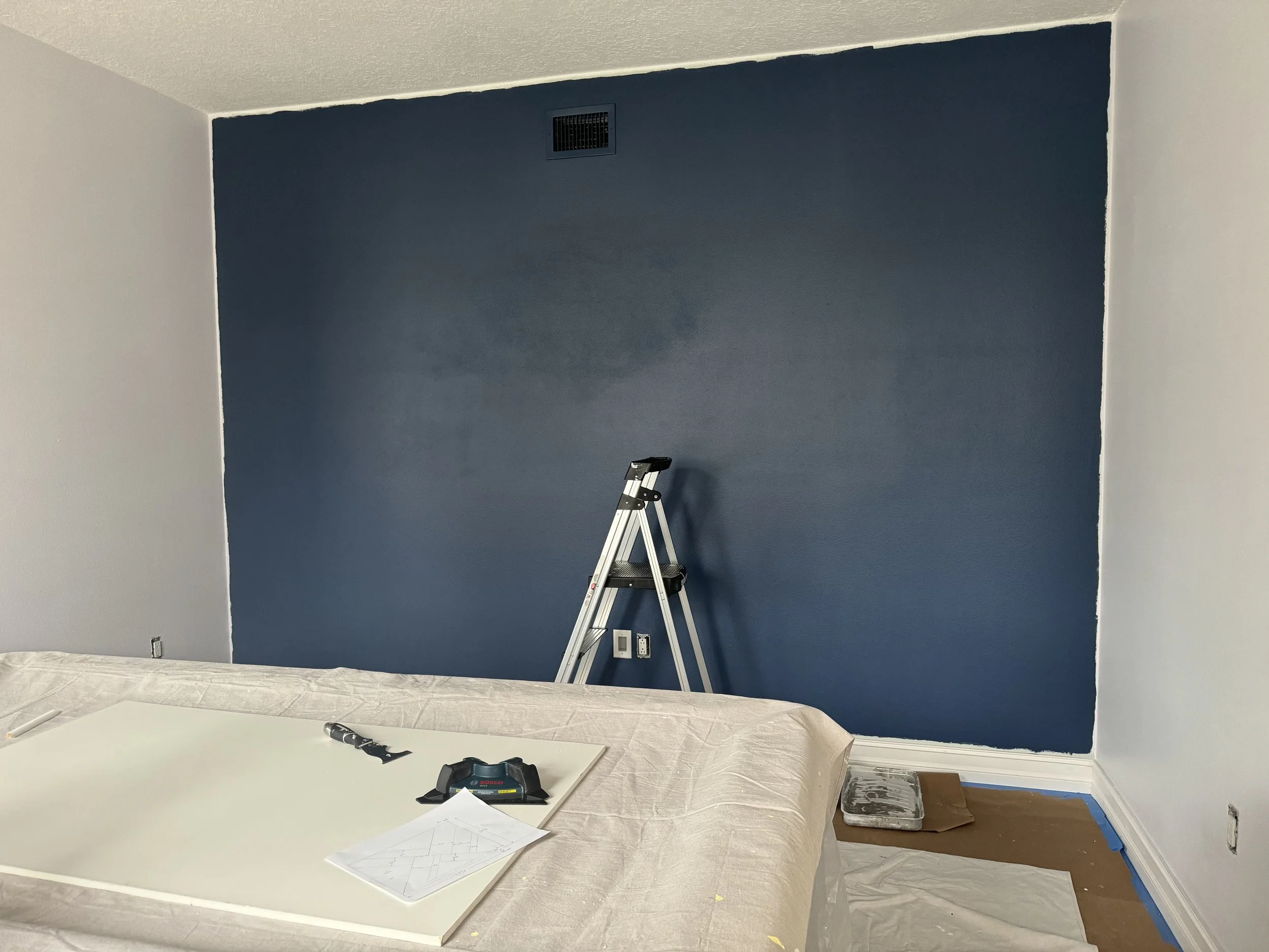 A partially painted wall with a strip of dark blue paint on one wall, and a stepladder and painting supplies in the room.