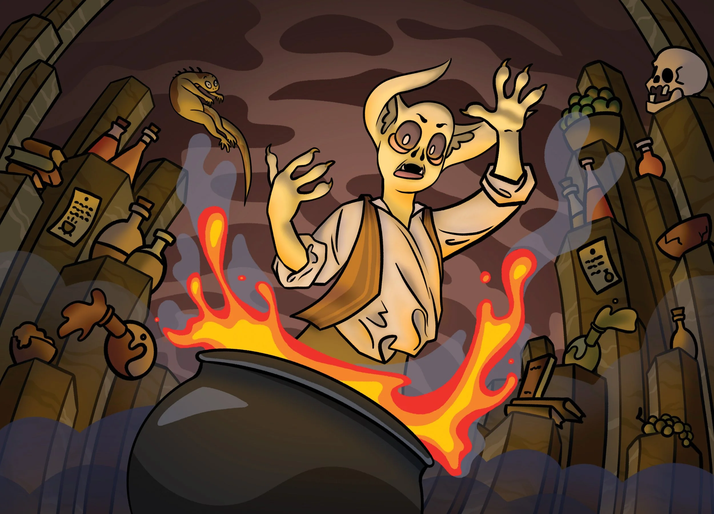 A goblin wizard is casting a spell before a spilling cauldron filled with a lava-like substance. The goblin's companion, a lizard, is flying through the air, blown away by a magical blast. Rock formations around the scene hold potions, books, & more.