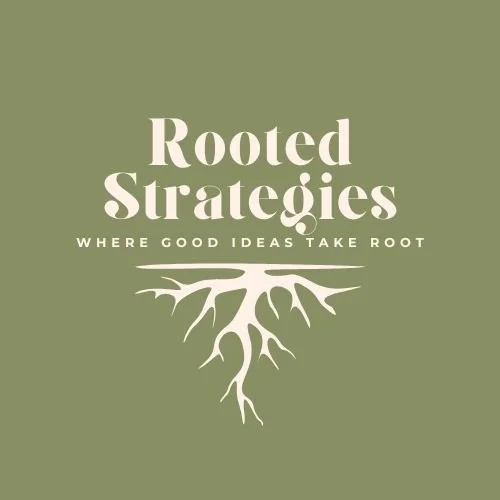 Logo for Rooted Strategies with a green background, white text, and a tree root graphic.