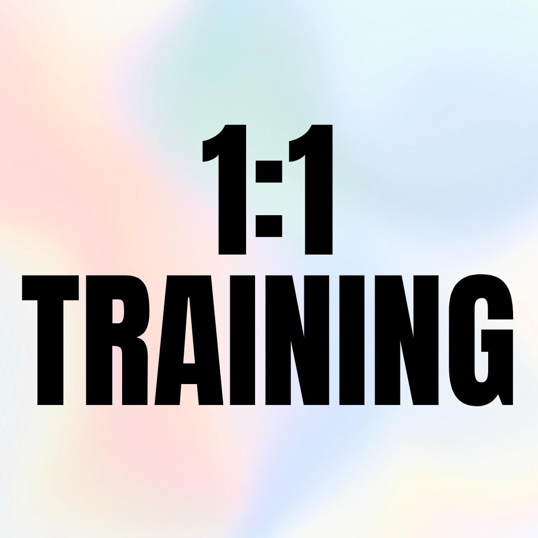 Text that says 1:1 TRAINING on a pastel, blurred background.