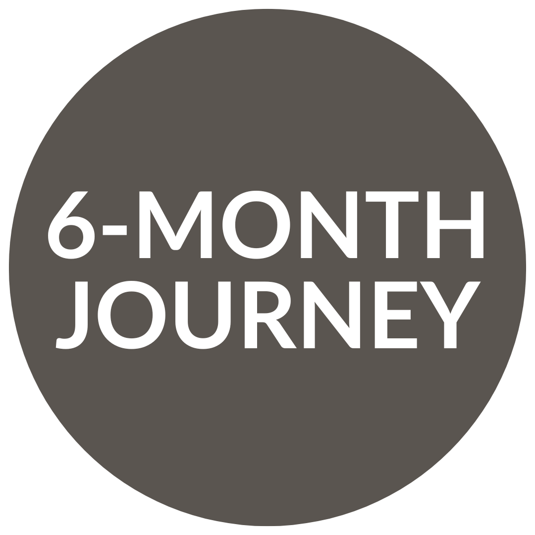 A circular badge with a dark gray background and the text '6-MONTH JOURNEY' in white capital letters.
