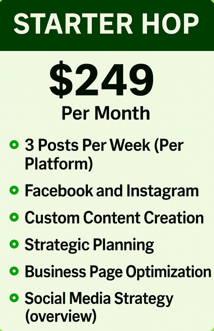 Price list for startup hop social media marketing service, $249 per month, includes 3 posts per week, Facebook and Instagram, content creation, strategic planning, business page optimization, and social media strategy overview.