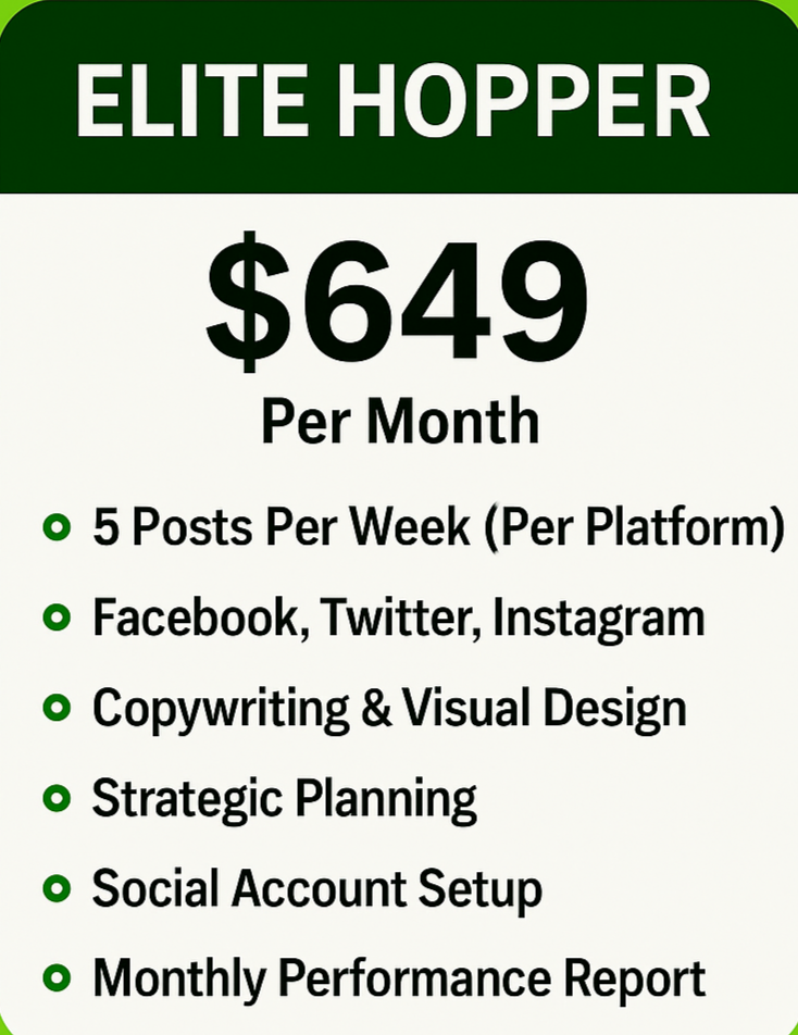 Pricing plan for Elite Hopper at $649 per month, including social media posting, content creation, design, planning, account setup, and performance reporting.