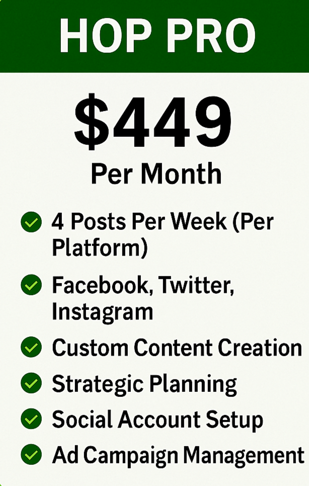 Advertisement for HOP PRO social media management service, priced at $449 per month, including 4 posts per week, content creation, strategic planning, social account setup, and ad campaign management.