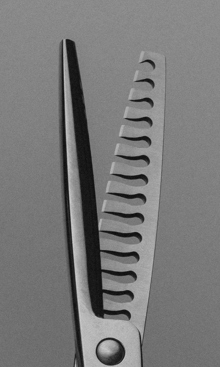 Close-up of the blade of a pair of hair cutting scissors with a comb attachment.