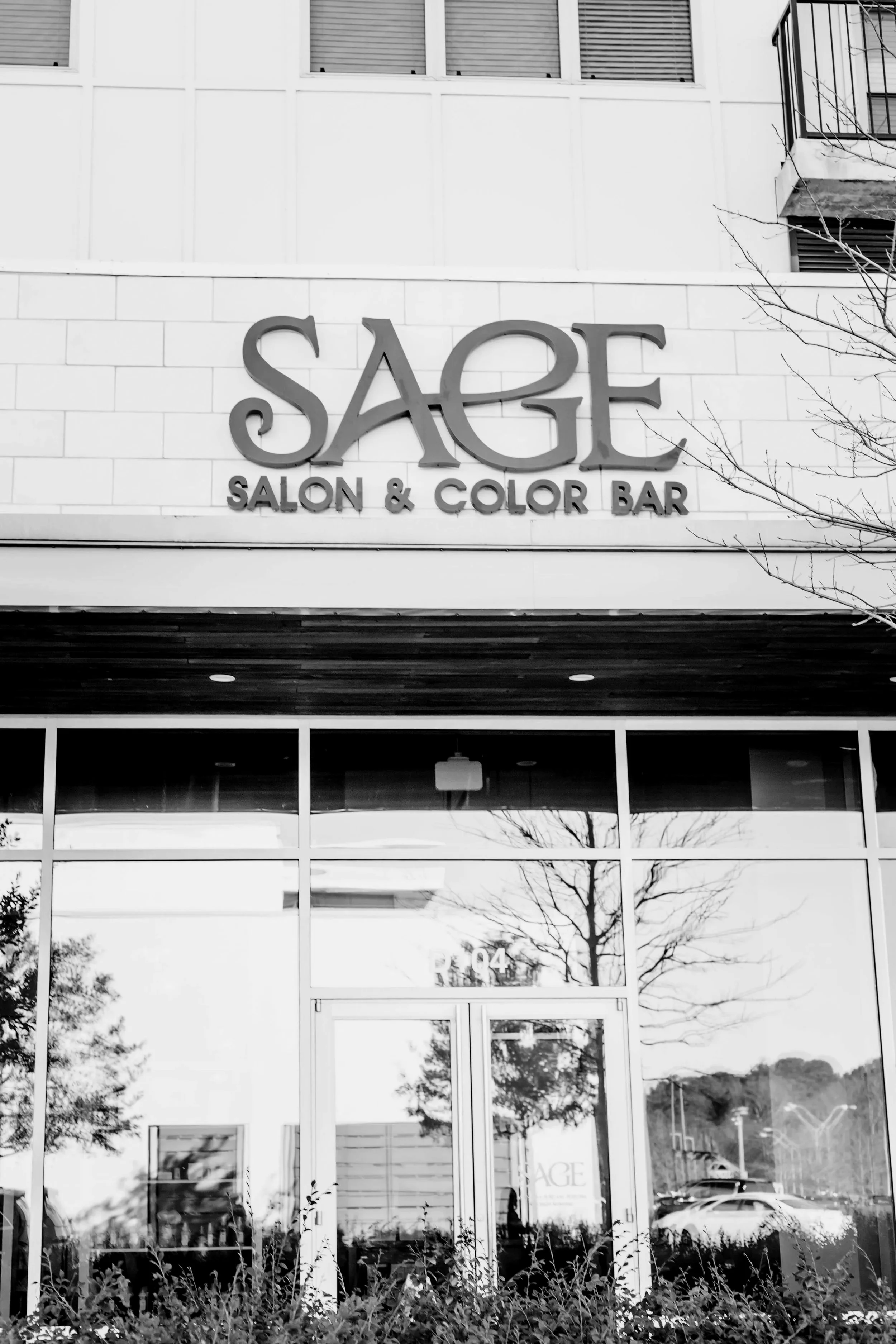 Exterior view of Saga Salon & Color Bar storefront with large glass windows and signage on the building wall. Reflections in the windows show trees and parked cars.