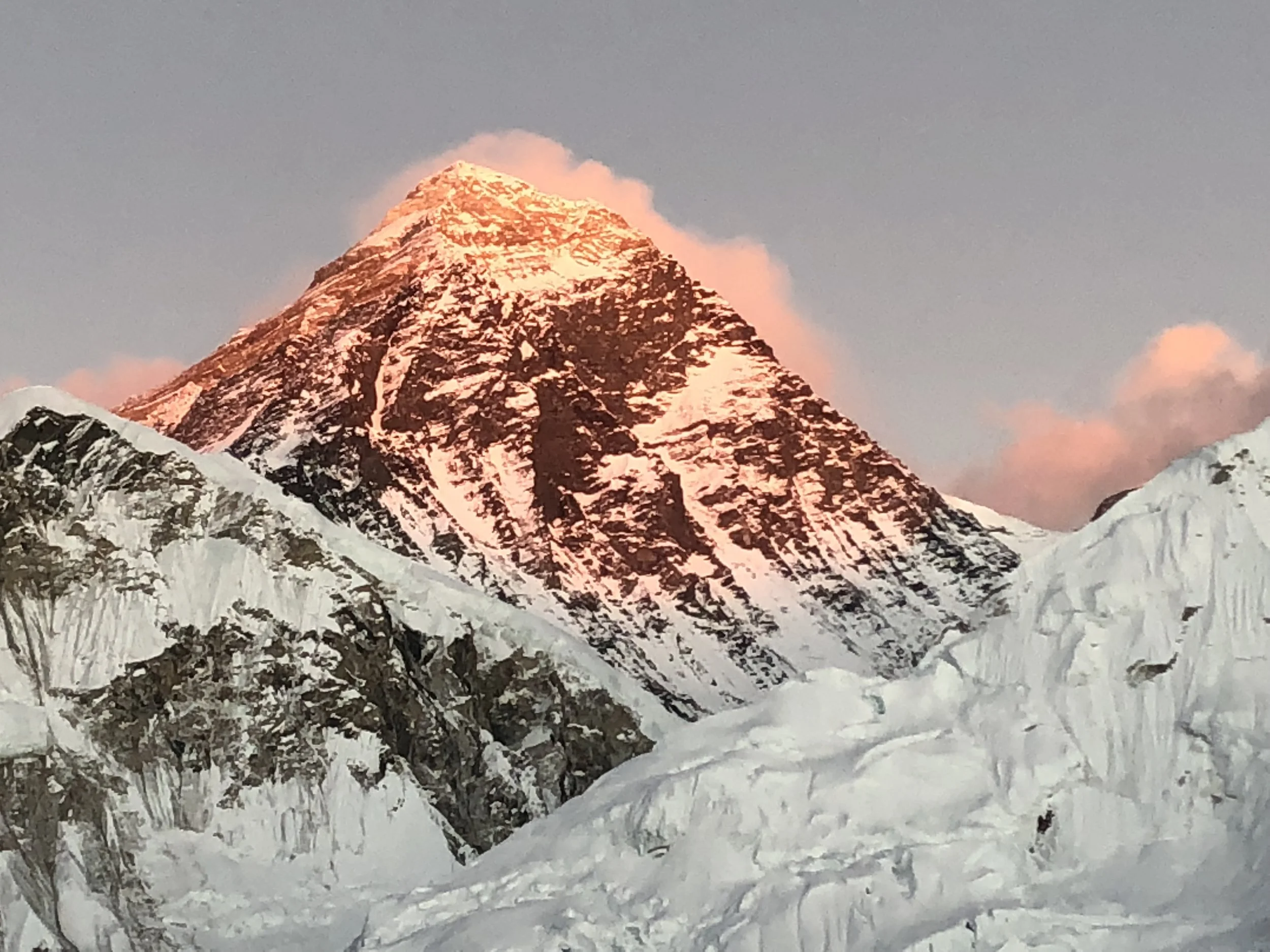 Mount Everest illuminated by alpenglow at sunset, photographed from Kala Patthar in Nepal, overlooking the Khumbu Glacier.