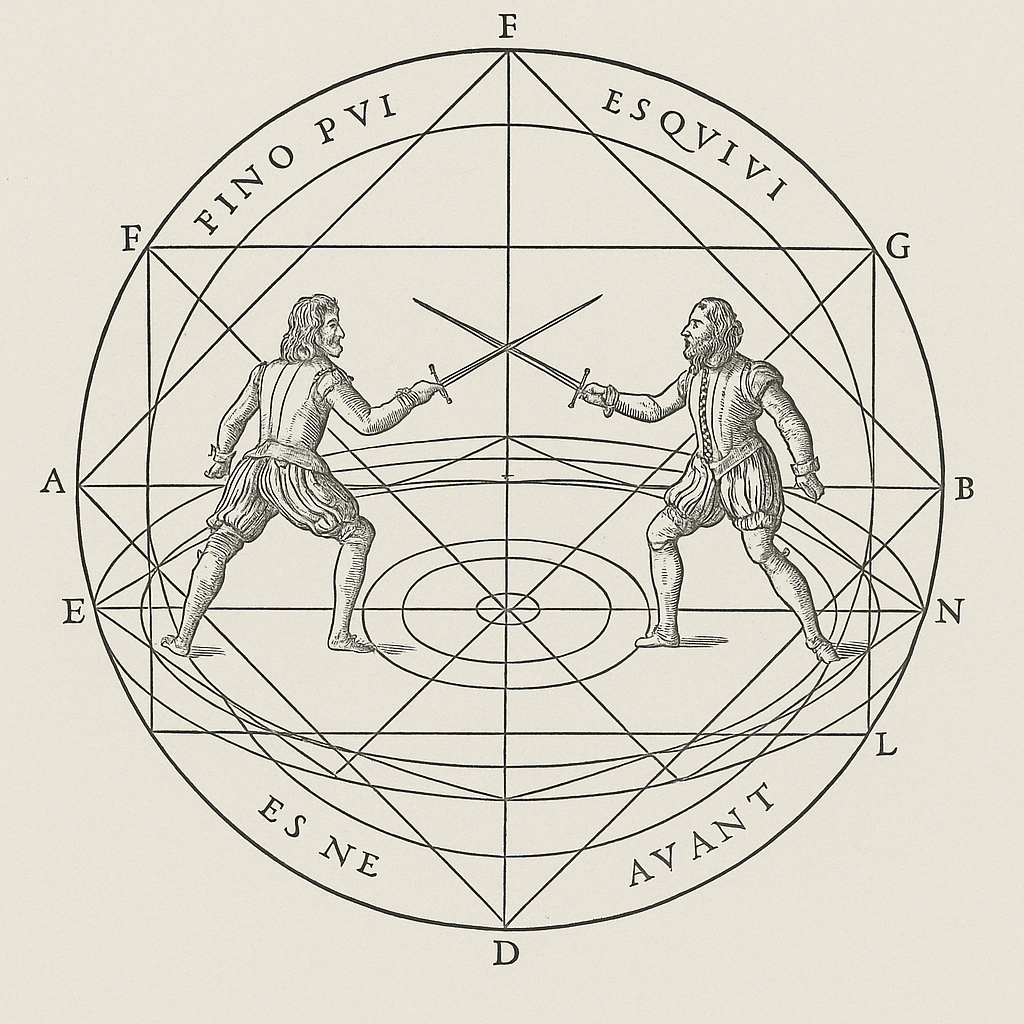 Historic Destreza circle illustrating early modern Spanish fencing geometry and strategic movement