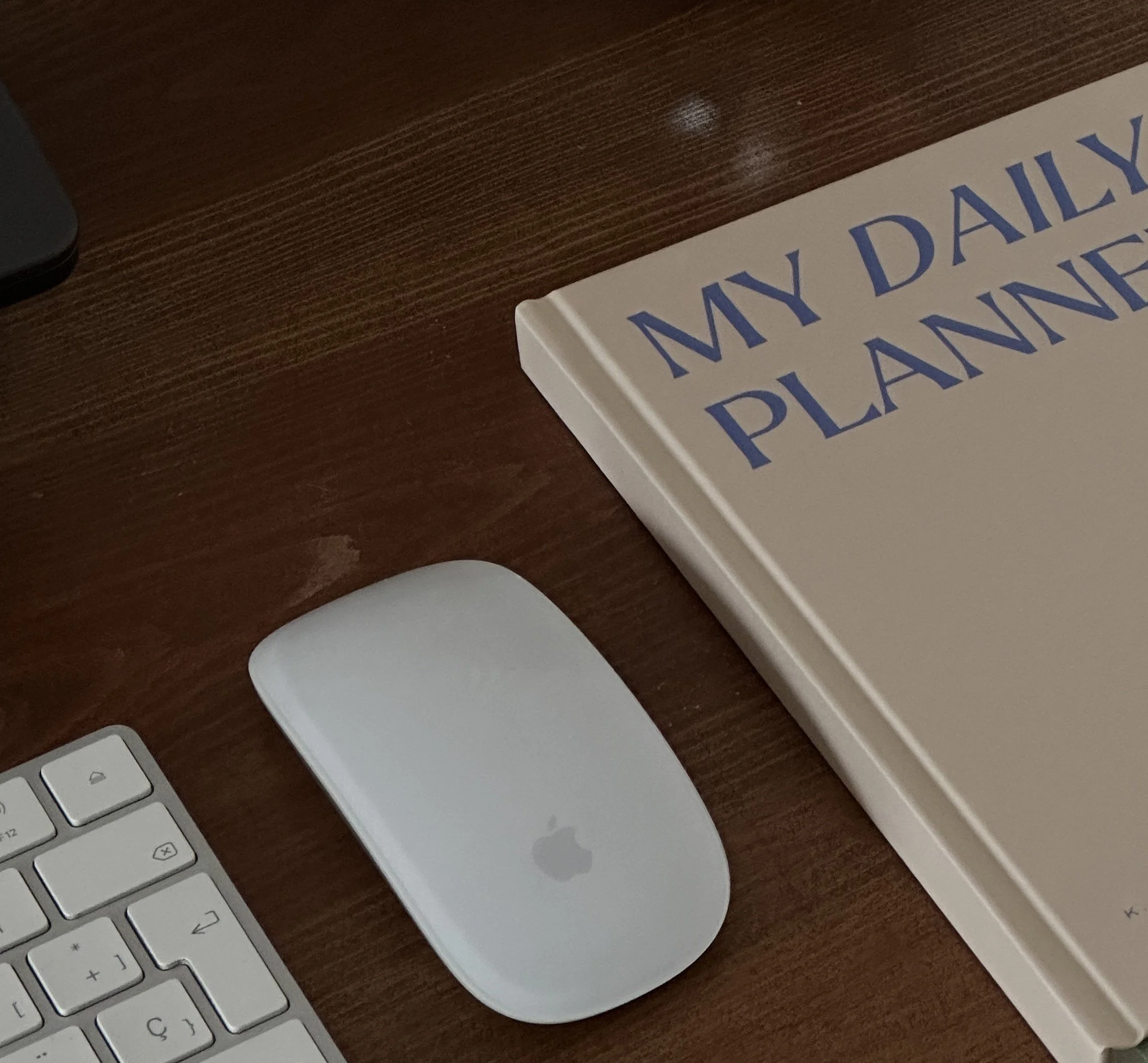 A white Apple Magic Mouse and part of a white Apple keyboard on a wooden desk, with a beige book titled 'My Daily Planner' nearby.
