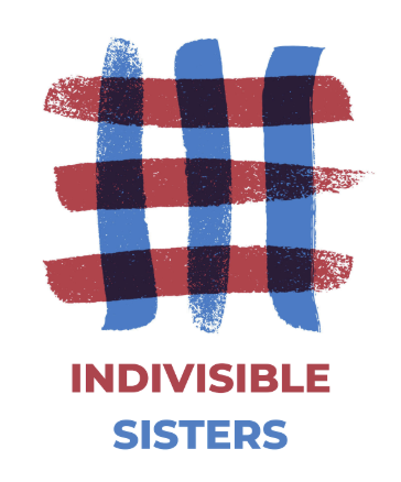 The logo for Indivisible Sisters; a criss-cross pattern of red and blue painted stripes with the words "Indivisible Sisters" under it.