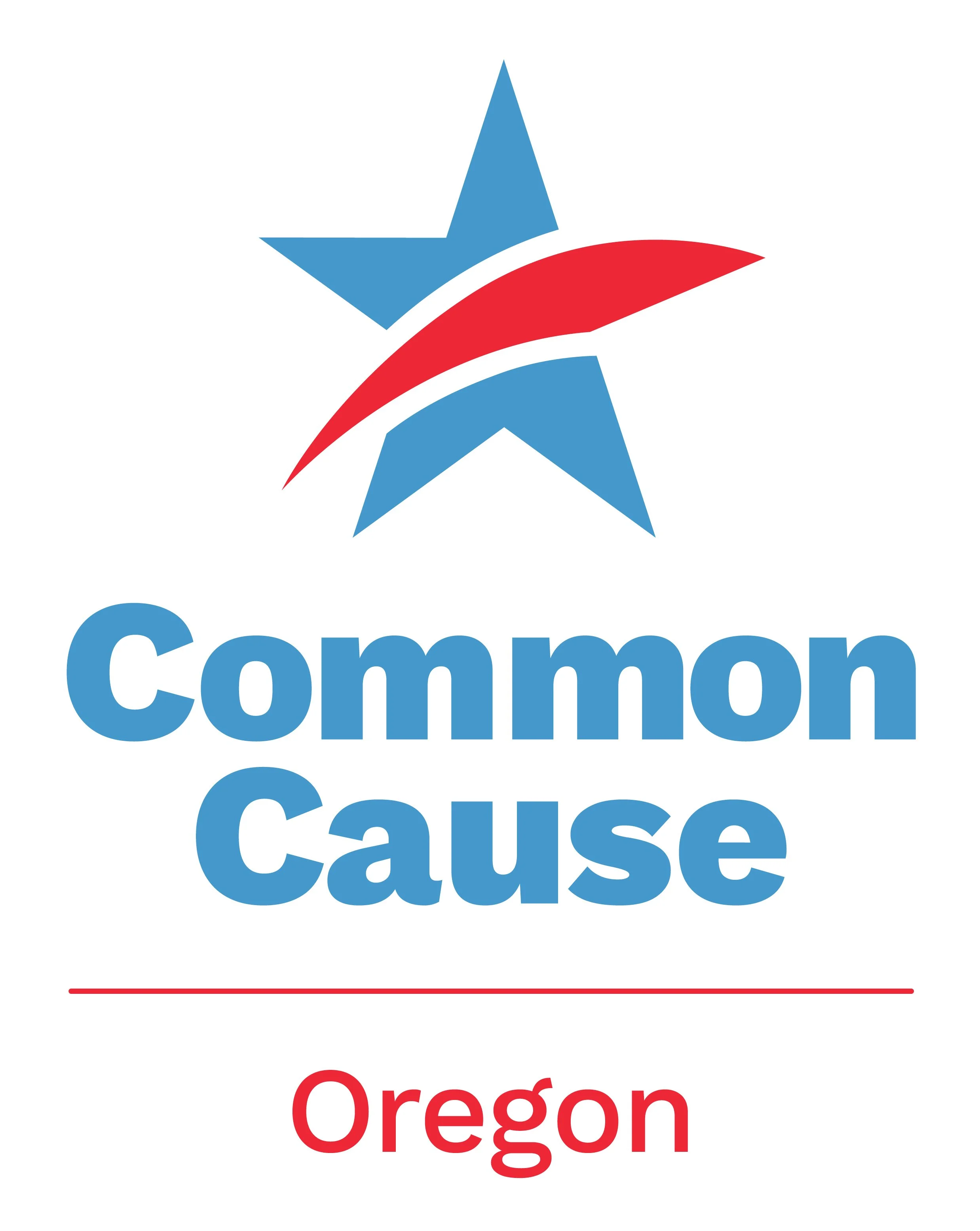 The logo for Common Cause Oregon; a blue star with a red stripe, under which are the blue words "Common Cause," then a red line, then "Oregon" in red.
