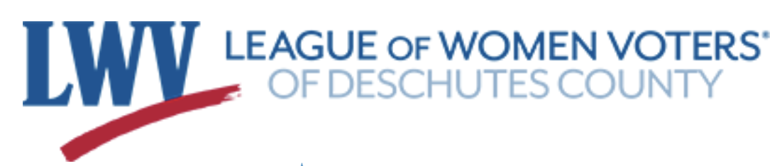 The logo for League of Women Voters of Deschutes County. Blue bold lettering reading "LWV" with a red stripe under it. To the right, the text "Leage of Women Voters," next line "of Deschutes County."