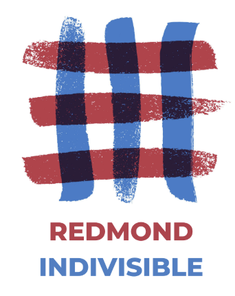 The logo for Redmond Indivisible; a criss-cross pattern of red and blue painted stripes with the words "Redmond Indivisible" under it.