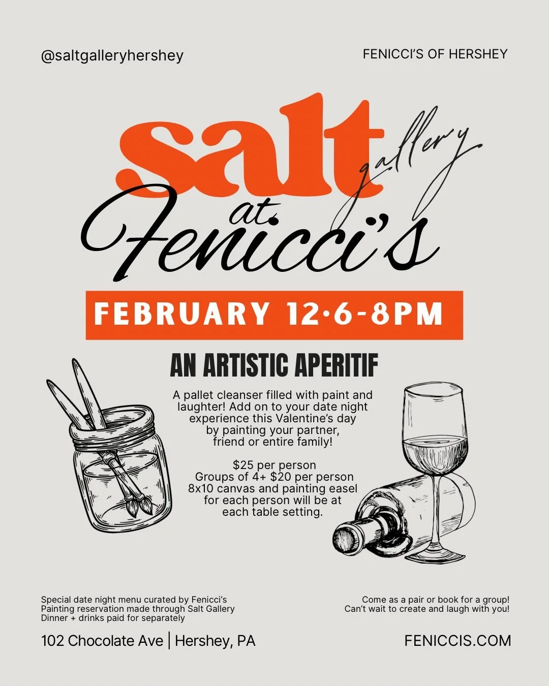 🎨🍷Join us for an artistic evening at @feniccisofhershey on Thursday February 12 from 6-8pm! 

A little creative flow before dinner to encourage connection and laughter with you and your loved ones. What to expect? Each person will have an easel set