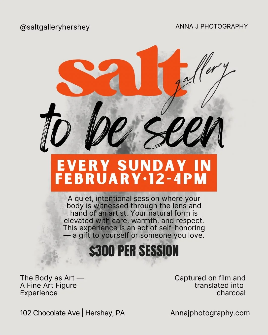 TO BE SEEN 

A fine art experience where you become the art. Moments for you to be visible. To be witnessed in your natural form.

Each 30 minute photography session with @annajphoto will elevate you and empower you. Sessions will be held in a quiet 