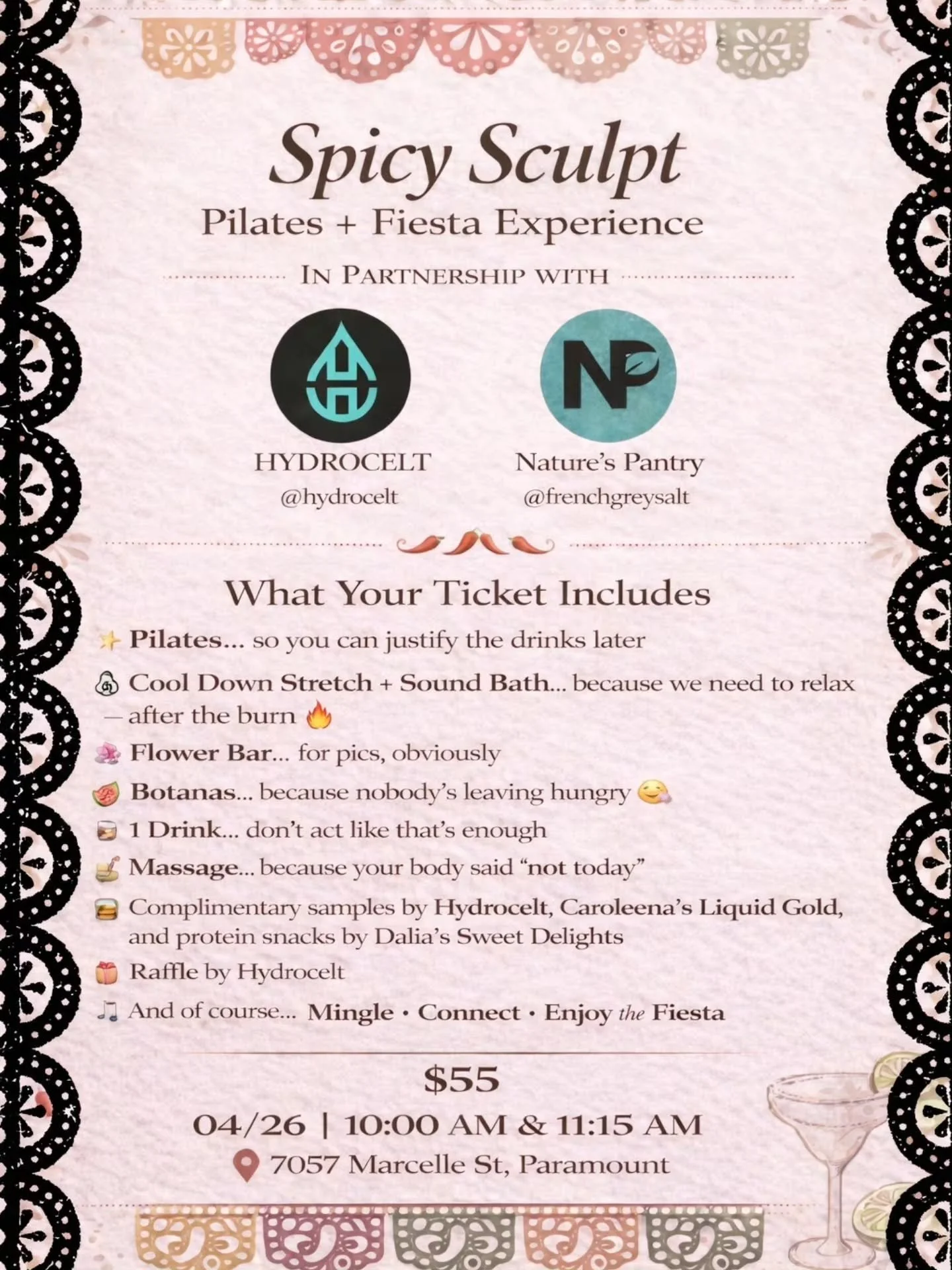 🔥 SPICY SCULPT: Pilates + Cinco Vibes 
Pull up, bring your energy &amp; let&rsquo;s make it a whole vibe 💃🌶️
04/26 | 10:00 AM &amp; 11:15 AM
📍 7057 Marcelle St, Paramount
 Theme: Cowboy/Girl Hats &amp; Boots &mdash; 
🤠👢 Before &amp; after sessi