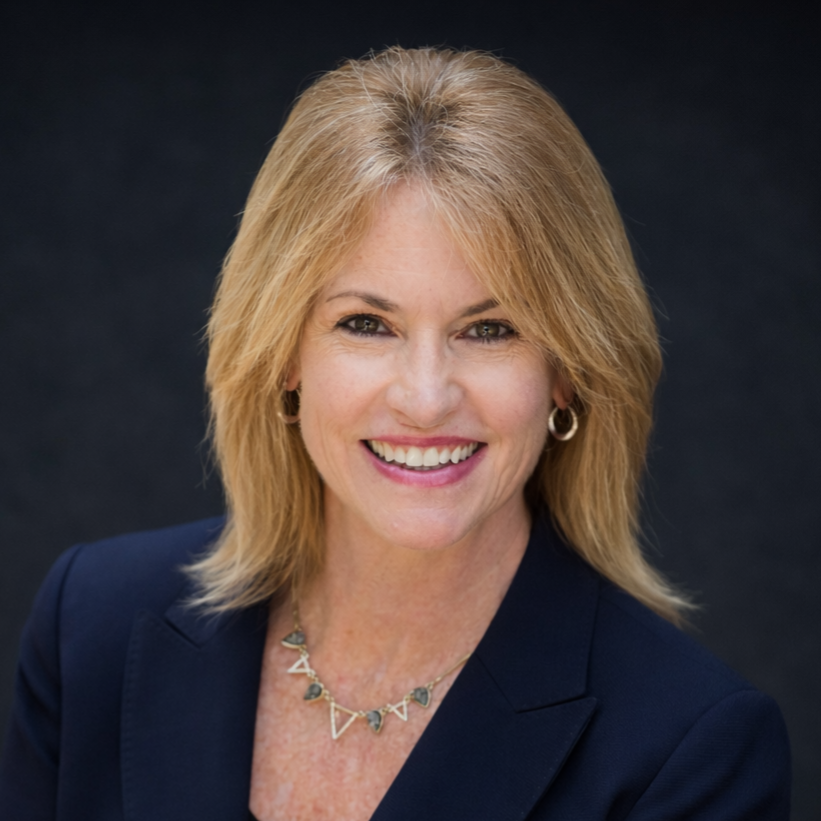 A professional woman with shoulder-length blond hair, wearing a navy blazer, silver hoop earrings, and a necklace with triangular pendants, smiling against a dark background.