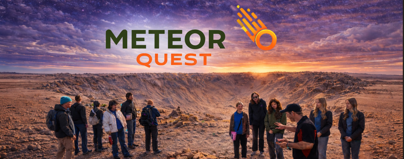 Group of people on a desert landscape at sunset, with a crater and meteor in the sky, promoting a meteor quest activity.