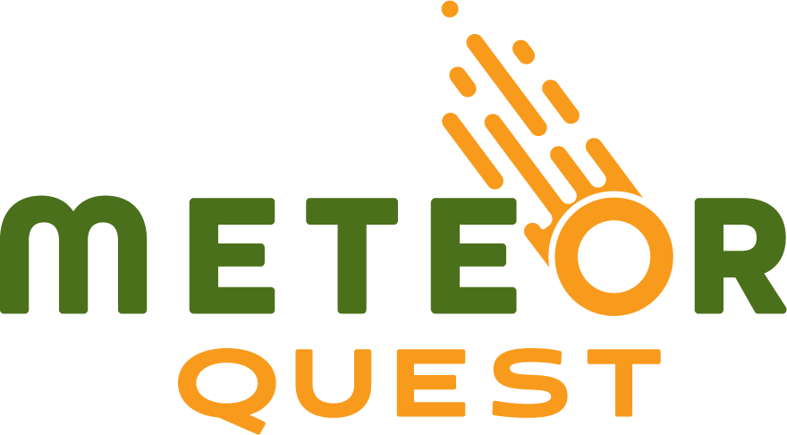 Logo for Meteor Quest featuring the words 'Meteor' in green and 'Quest' in orange, with an orange meteor icon crashing through the text.